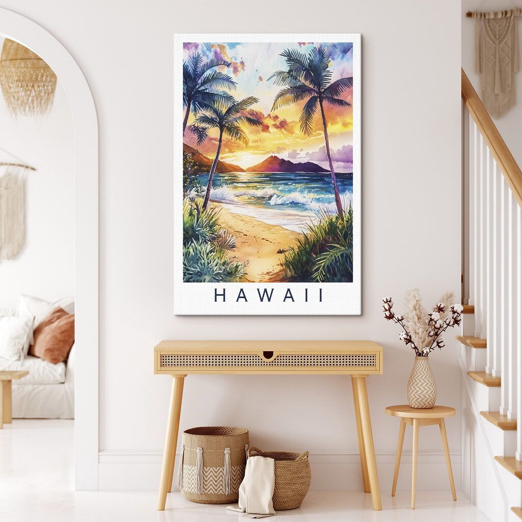 Watercolor painting of a beach with palm trees and waves Watercolor painting of a beach with palm trees and waves