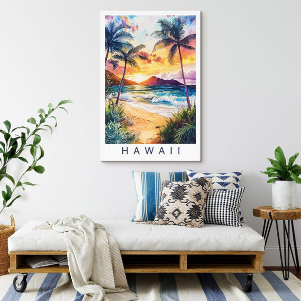 Watercolor painting of a beach with palm trees and waves Watercolor painting of a beach with palm trees and waves