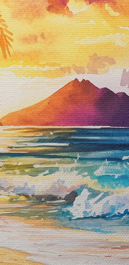 Watercolor painting of a beach with palm trees and waves Watercolor painting of a beach with palm trees and waves