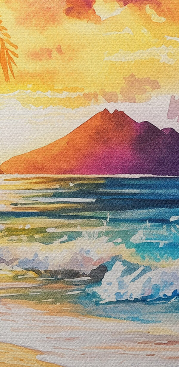 Watercolor painting of a beach with palm trees and waves Watercolor painting of a beach with palm trees and waves