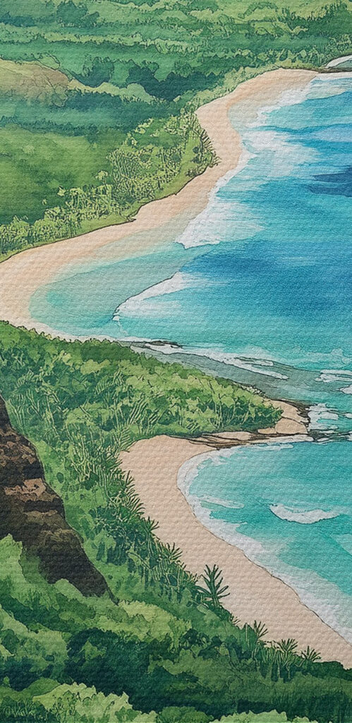 Watercolor painting of a beach and mountains