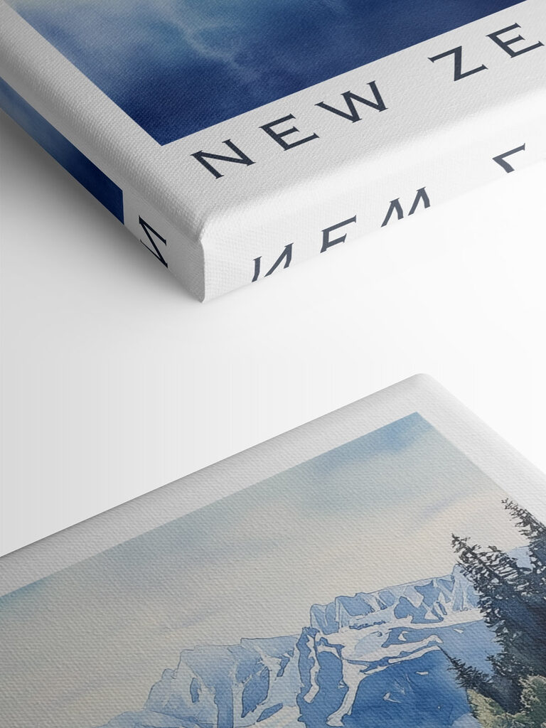 Watercolor of a lake with trees and mountains in the background