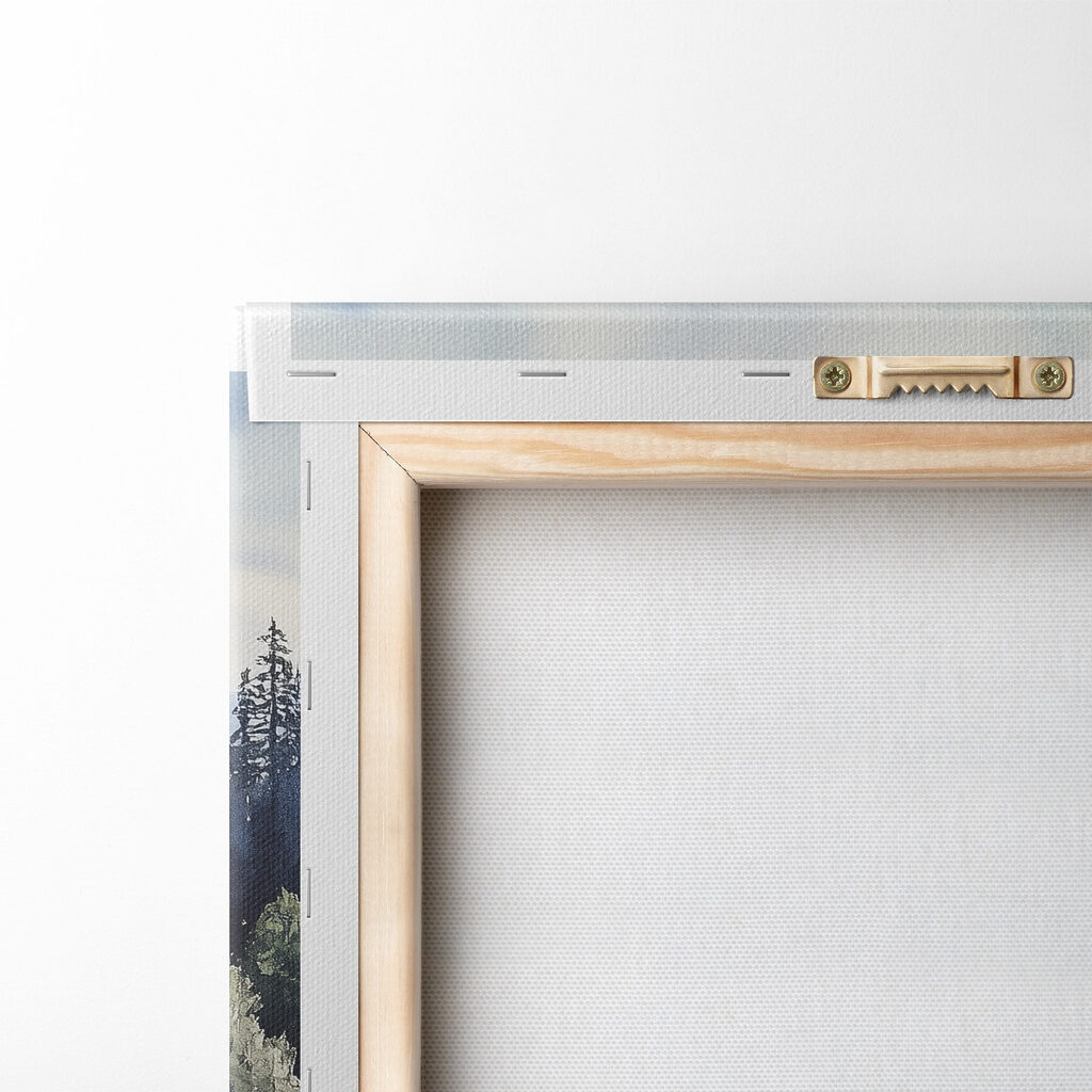 Watercolor of a lake with trees and mountains in the background