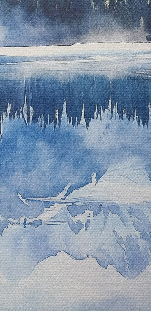 Watercolor of a lake with trees and mountains in the background