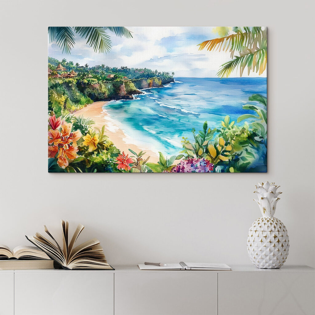Watercolor painting of a beach and ocean
