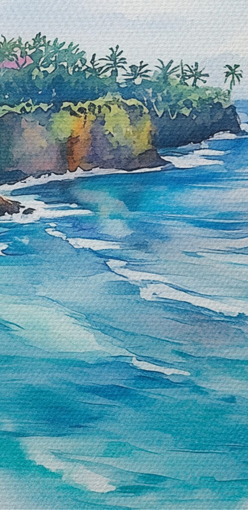 Watercolor painting of a beach and ocean