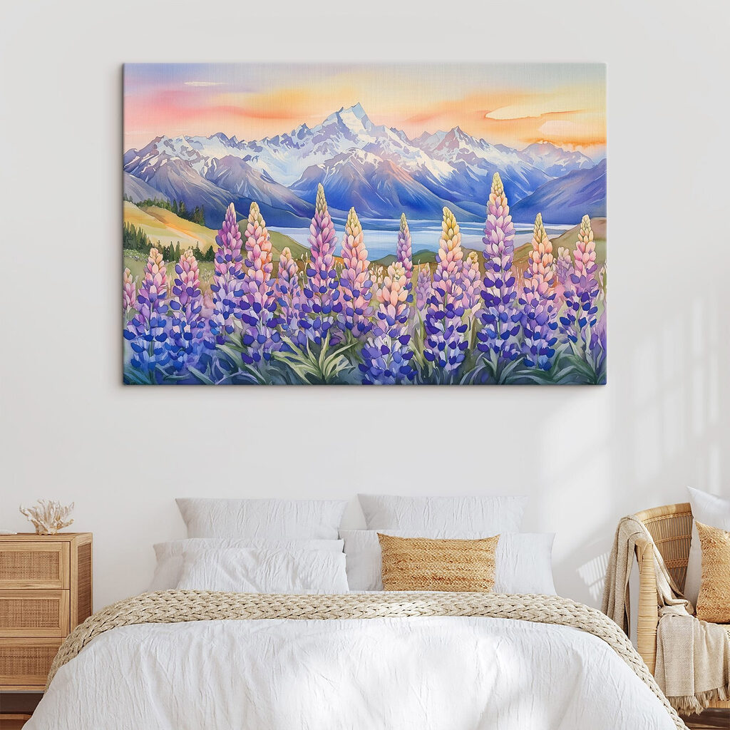 Painting of flowers and mountains