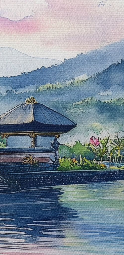 Watercolor painting of a lake with a pagoda and lily pads Watercolor painting of a lake with a pagoda and lily pads