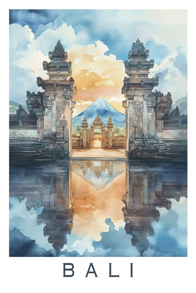 Watercolor painting of a temple with a mountain in the background