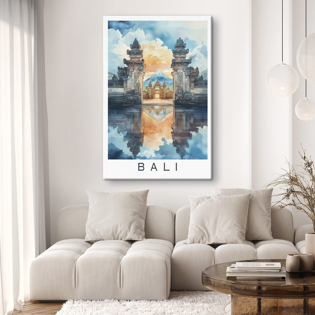 Watercolor painting of a temple with a mountain in the background