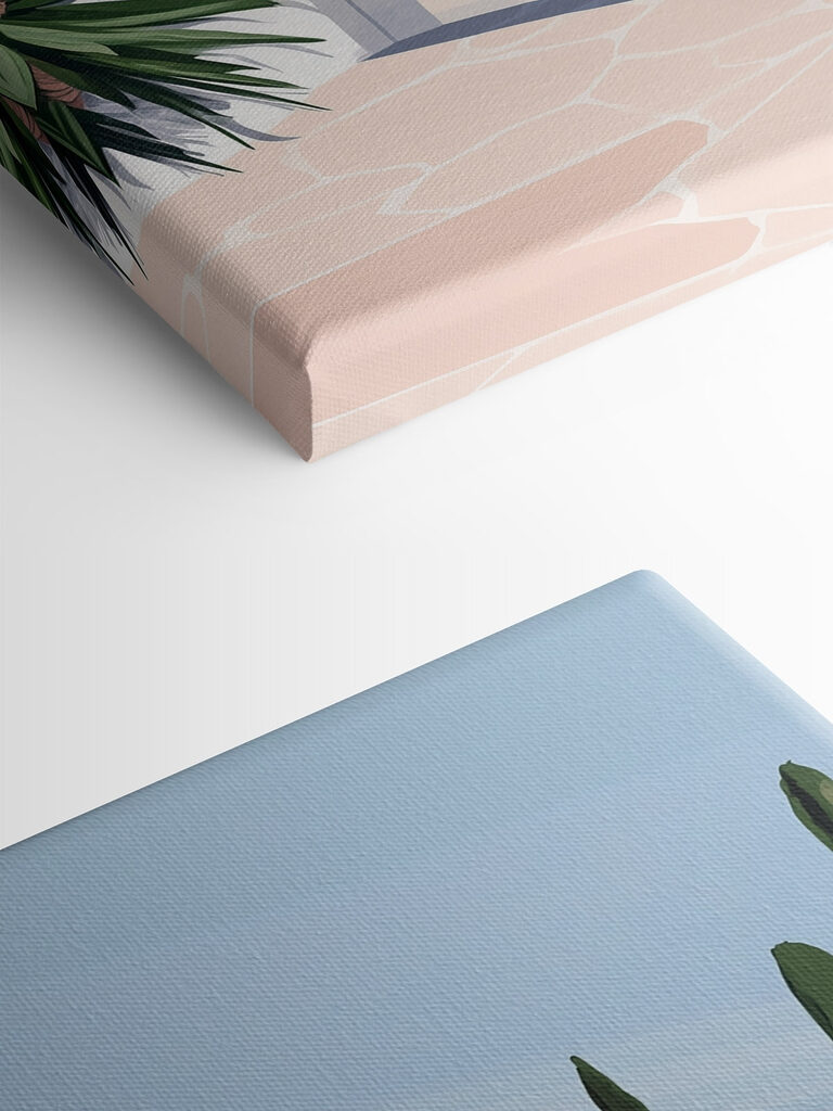 White building with pink arches and trees White building with pink arches and trees