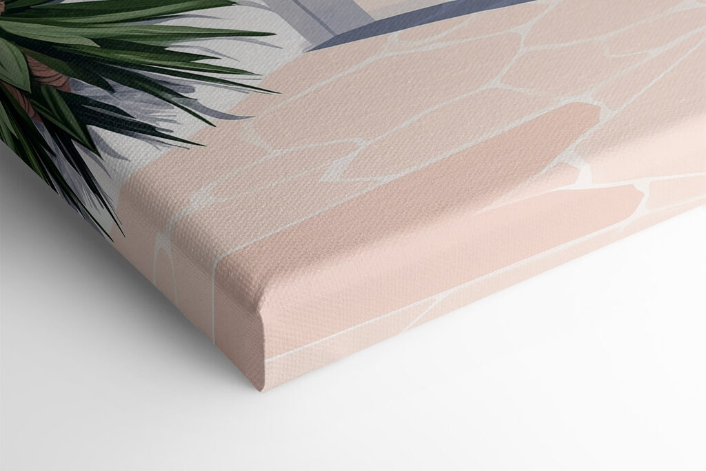 White building with pink arches and trees White building with pink arches and trees