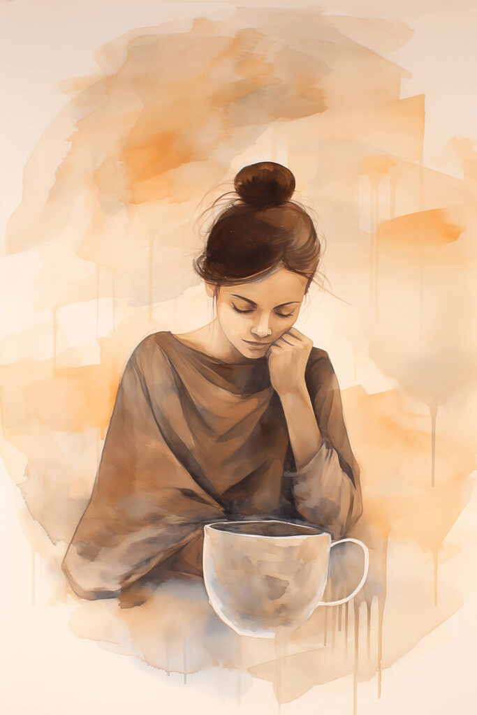 Woman with her hand on her face looking down at a cup of coffee Woman with her hand on her face looking down at a cup of coffee