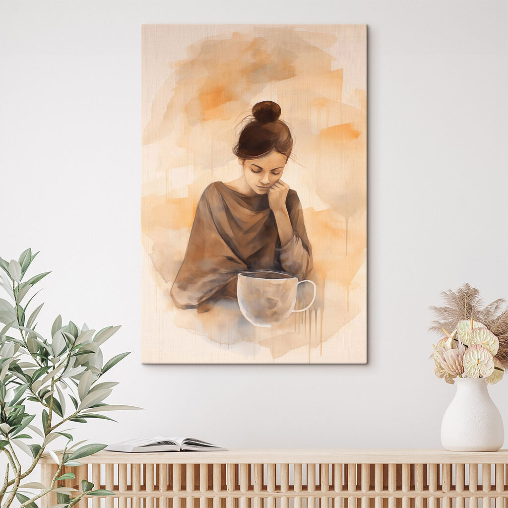 Woman with her hand on her face looking down at a cup of coffee Woman with her hand on her face looking down at a cup of coffee