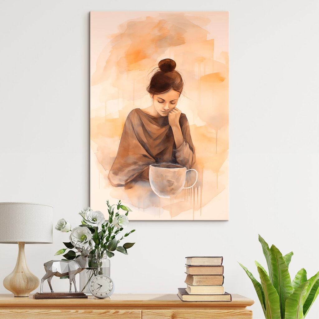 Woman with her hand on her face looking down at a cup of coffee Woman with her hand on her face looking down at a cup of coffee