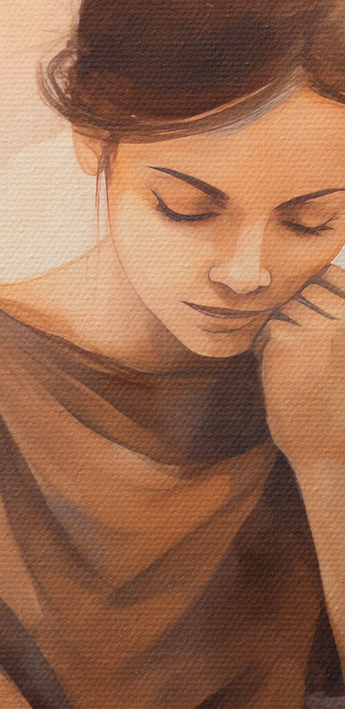 Woman with her hand on her face looking down at a cup of coffee Woman with her hand on her face looking down at a cup of coffee