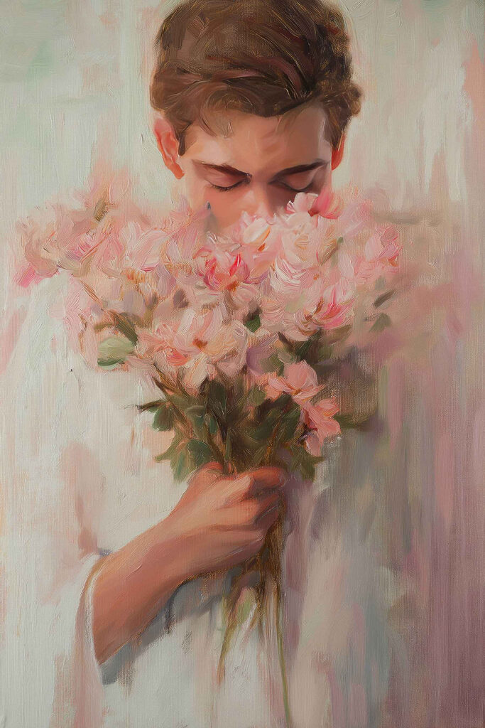 Painting of a man smelling flowers Painting of a man smelling flowers