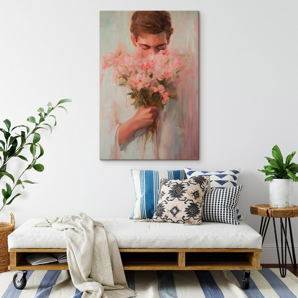 Painting of a man smelling flowers Painting of a man smelling flowers