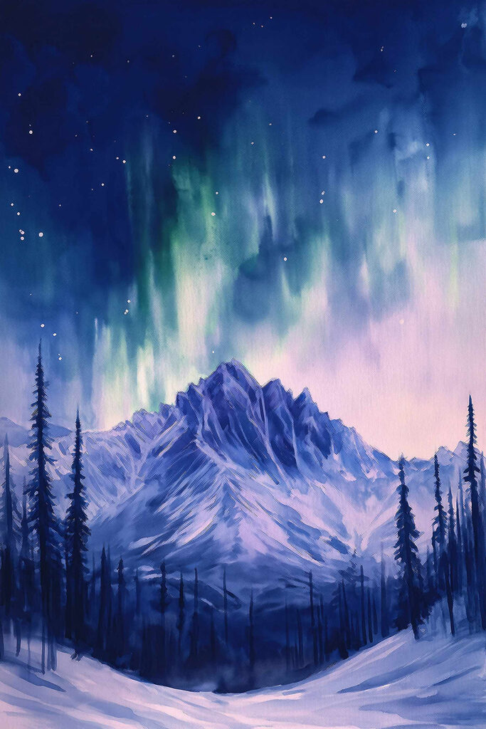 Painting of a mountain with trees and aurora borealis
