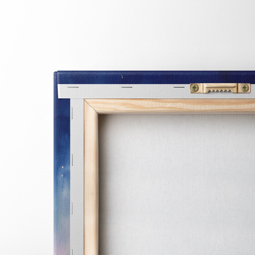 Painting of a mountain with trees and aurora borealis