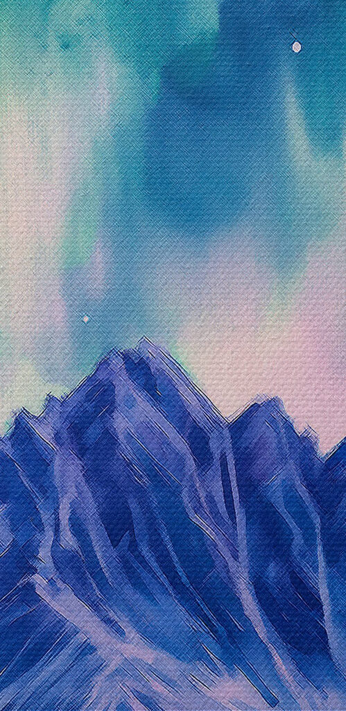 Painting of a mountain with trees and aurora borealis