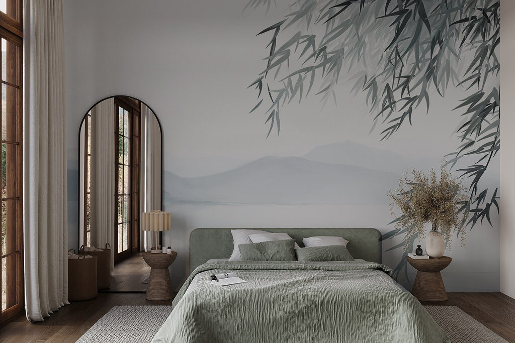 Water and trees with mountains in the background Water and trees with mountains in the background