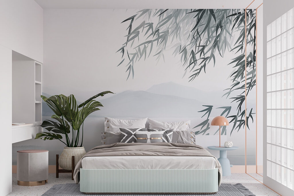 Water and trees with mountains in the background Water and trees with mountains in the background