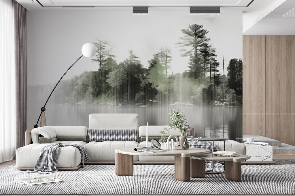 Body of water with trees and fog Body of water with trees and fog