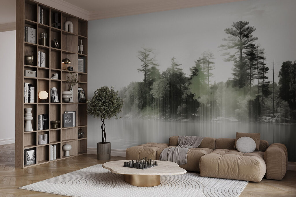 Body of water with trees and fog Body of water with trees and fog