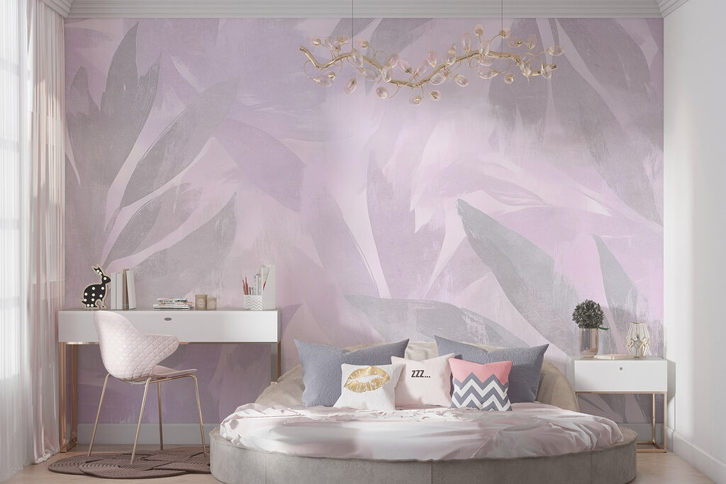 White and purple background with leaves