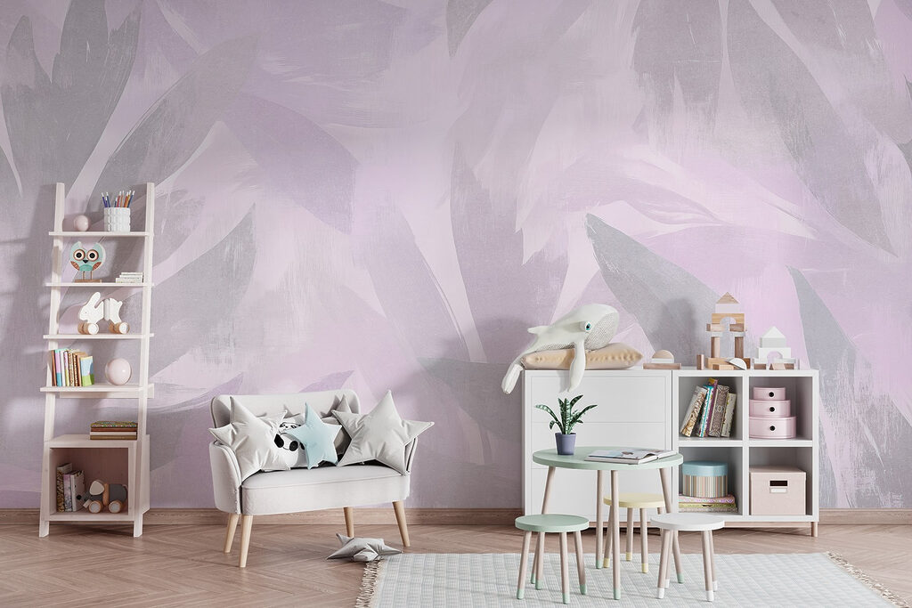 White and purple background with leaves