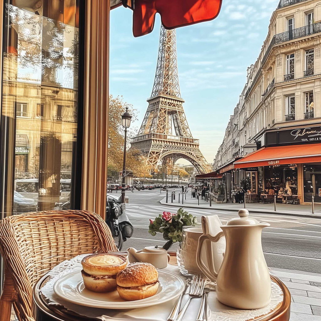 Table with food on it and a table with a tower in the background Table with food on it and a table with a tower in the background