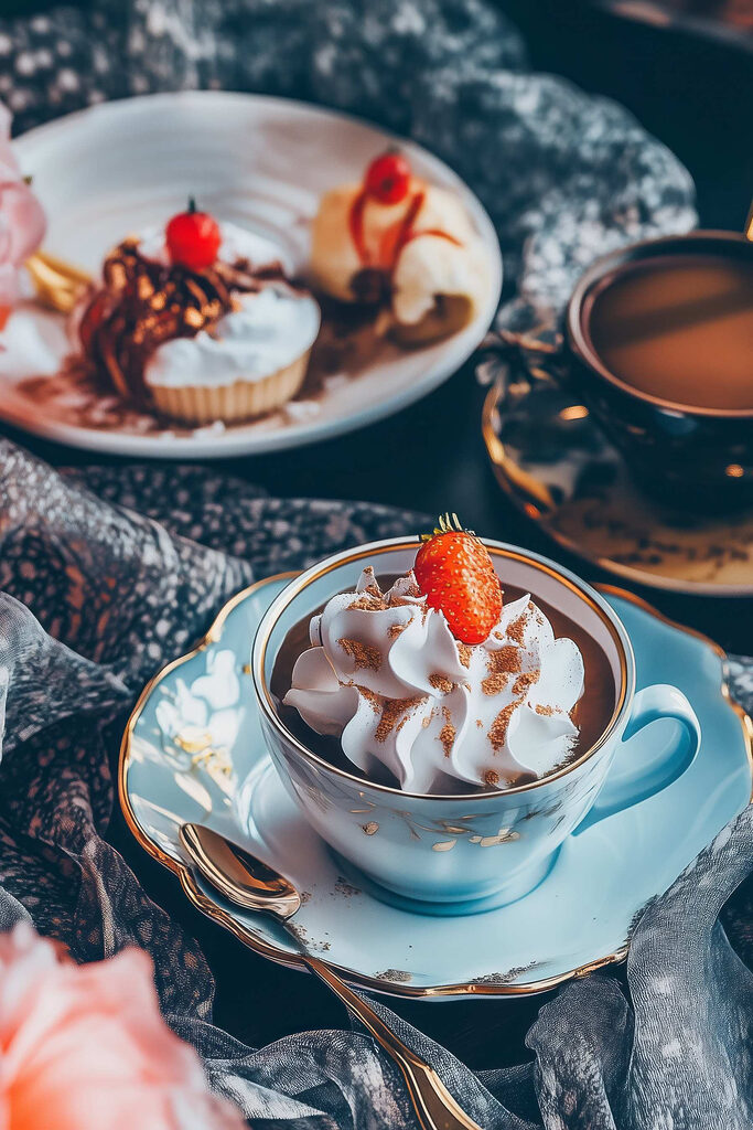 Cup of coffee with whipped cream and strawberries Cup of coffee with whipped cream and strawberries