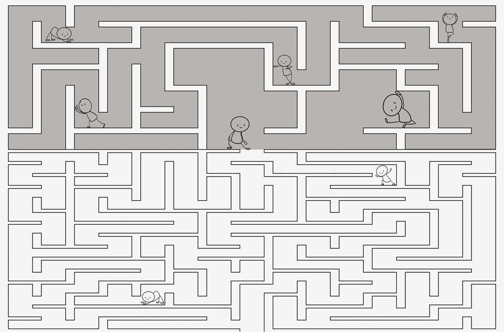 Maze game with cartoon people walking on the ground