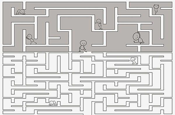 Maze game with cartoon people walking on the ground