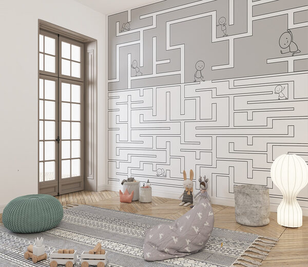 Maze game with cartoon people walking on the ground