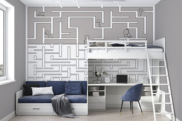 Maze game with cartoon people walking on the ground