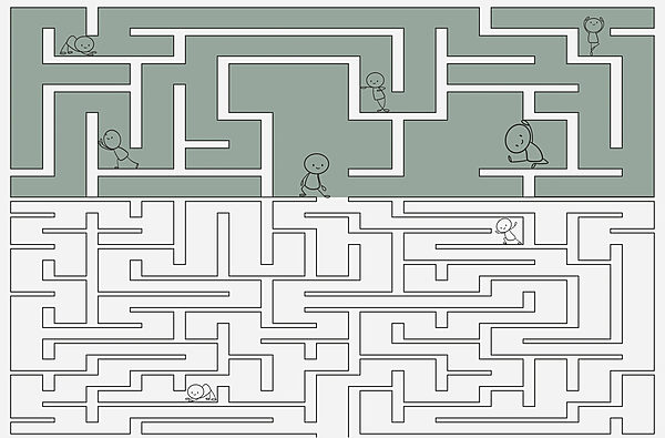 Maze game with cartoon people walking through the maze