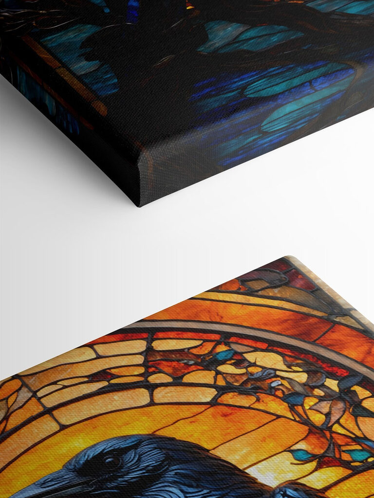 A stained glass window with a bird on a branch A stained glass window with a bird on a branch