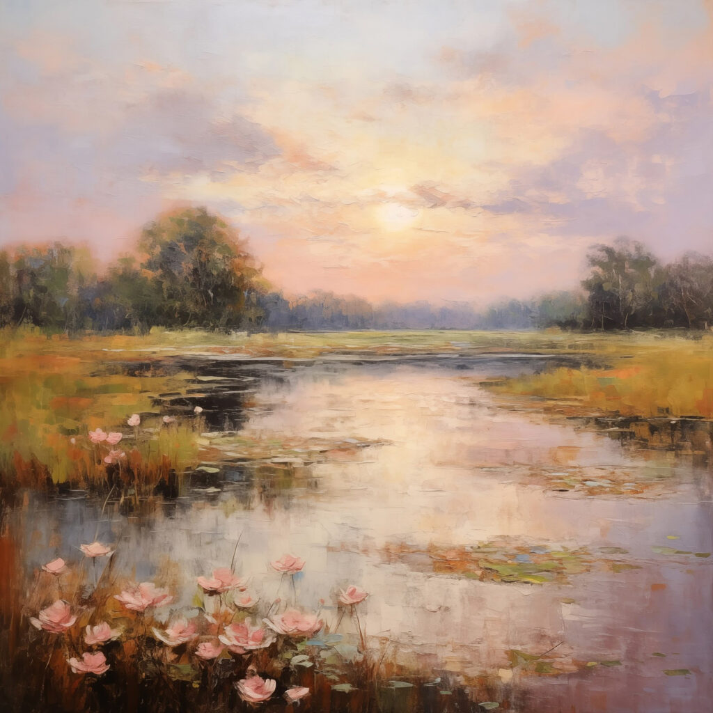 Painting of a lake with flowers Painting of a lake with flowers