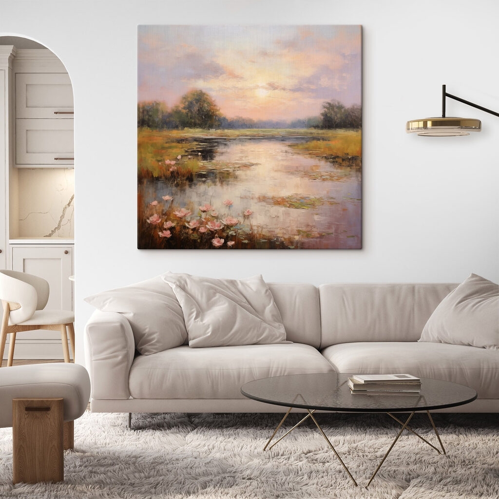 Painting of a lake with flowers Painting of a lake with flowers