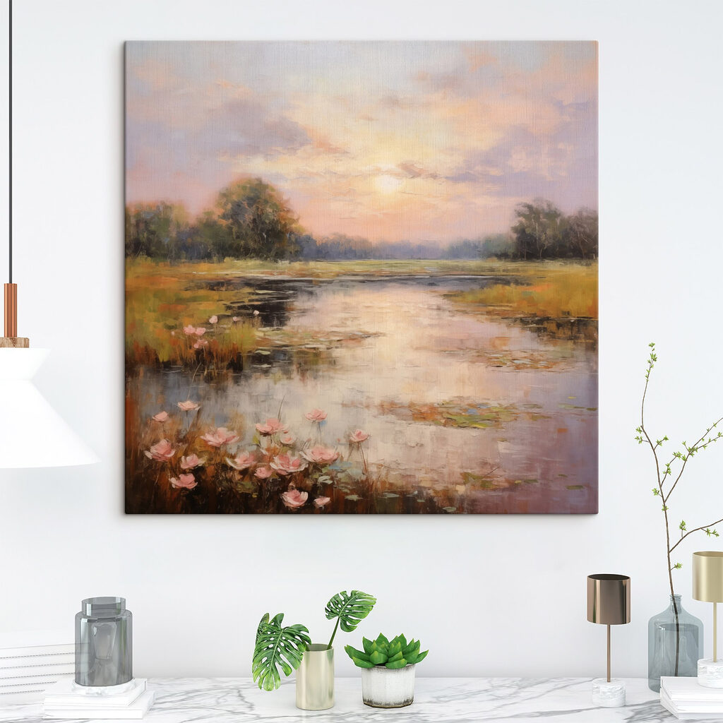 Painting of a lake with flowers Painting of a lake with flowers