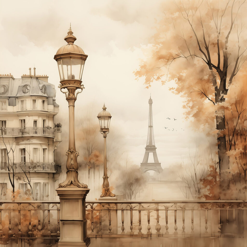 Street lamp and trees with a tower in the background Street lamp and trees with a tower in the background