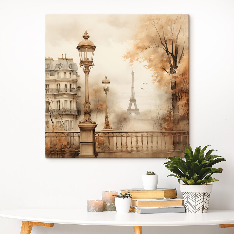 Pouličná lampa a stromy s vežou v pozadí