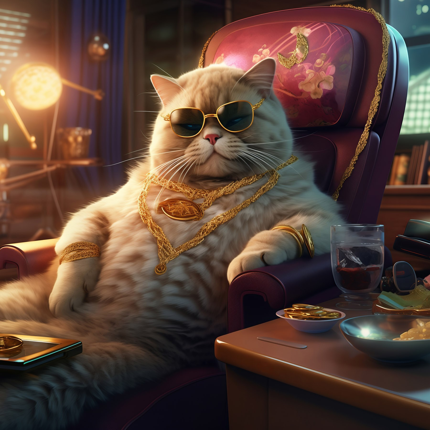 Cat wearing sunglasses and a necklace sitting in a chair