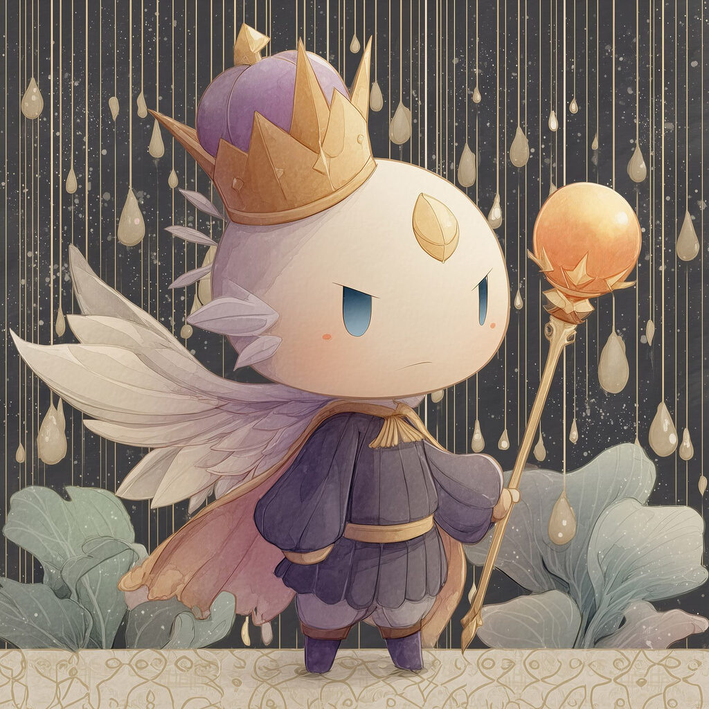 Cartoon of a little angel with wings and a crown holding a staff Cartoon of a little angel with wings and a crown holding a staff