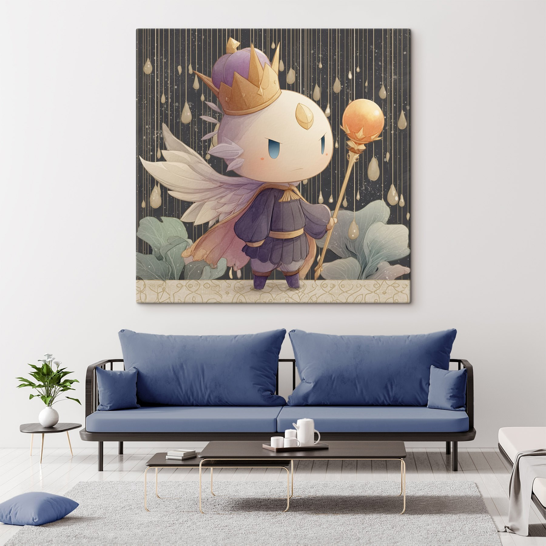 Cartoon of a little angel with wings and a crown holding a staff Cartoon of a little angel with wings and a crown holding a staff