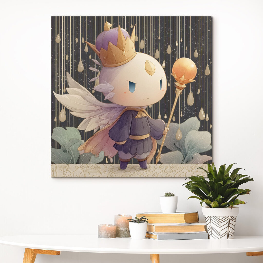 Cartoon of a little angel with wings and a crown holding a staff Cartoon of a little angel with wings and a crown holding a staff
