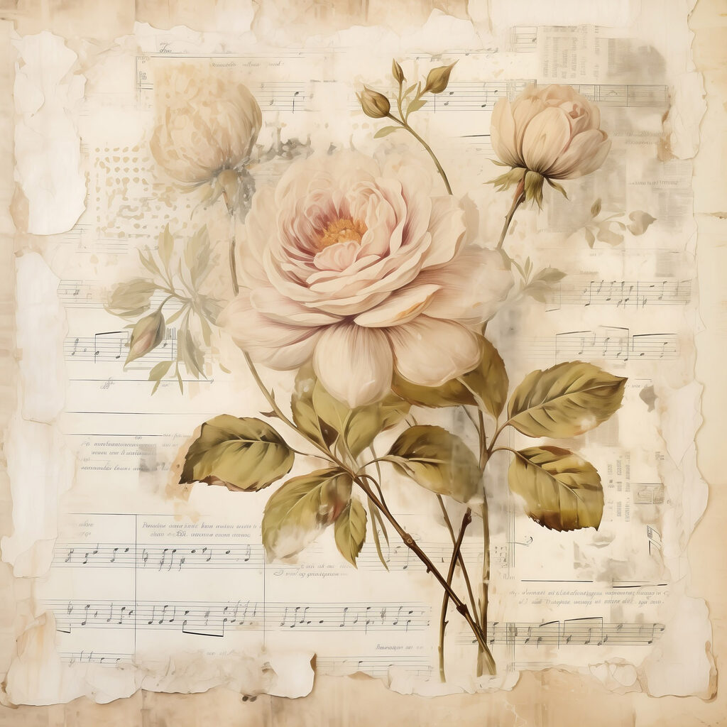 Painting of flowers on a sheet of music Painting of flowers on a sheet of music