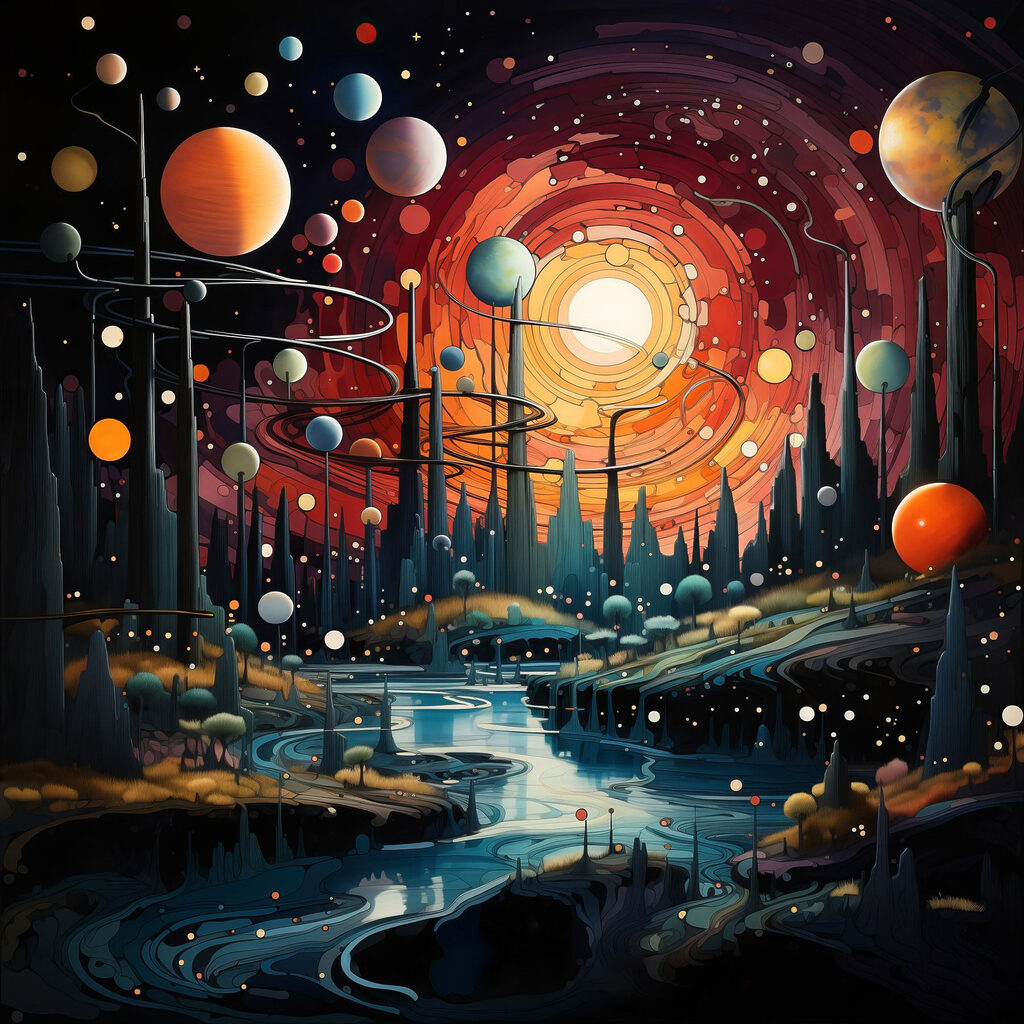 Landscape with trees and planets Landscape with trees and planets